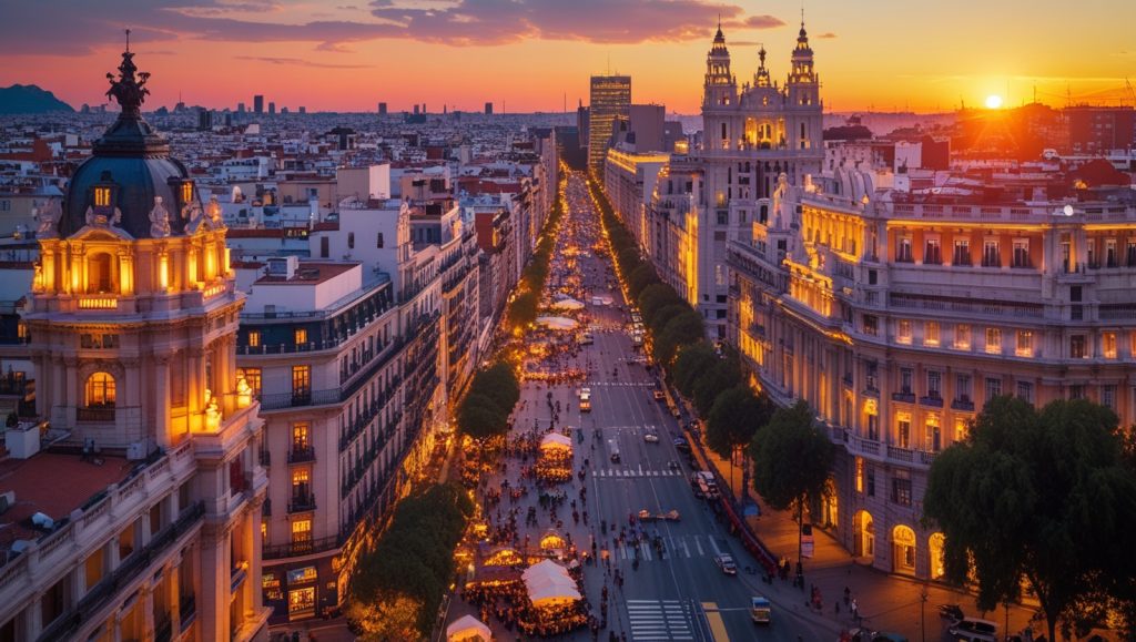 A stunning aerial view of Madrid at sunset