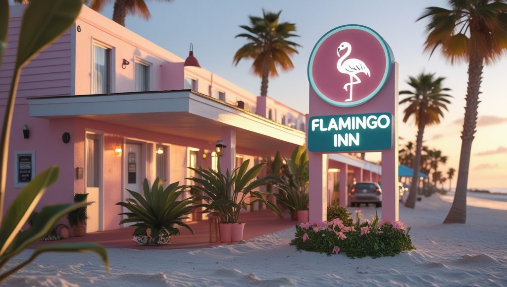 "A cozy beachside motel named 'Flamingo Inn', pastel-colored walls, tropical plants around the entrance, a sign with a flamingo logo, warm sunset lighting, palm trees in the background, charming and relaxed coastal vibe, photorealistic style."