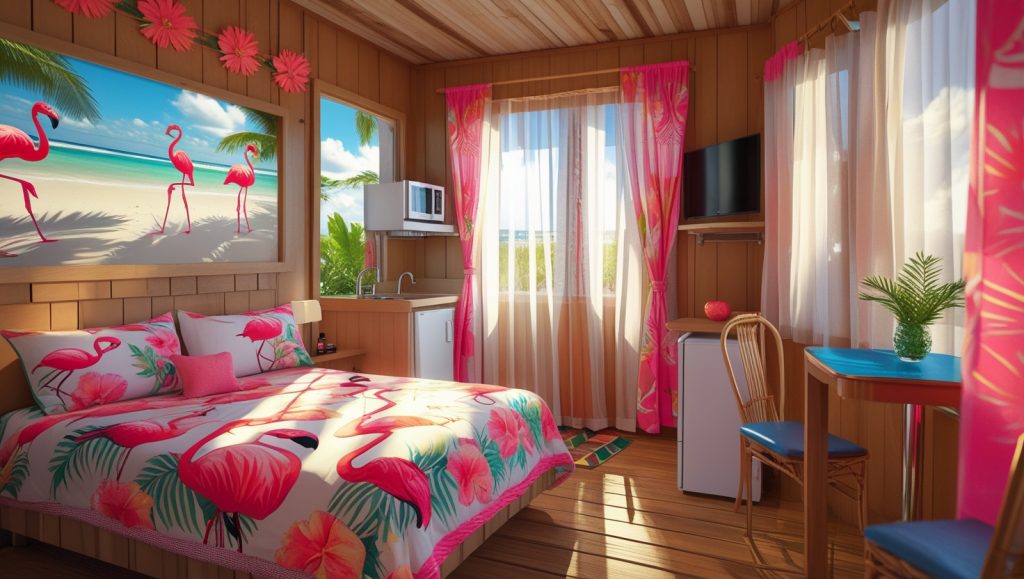 "Interior of a small beachside motel room with bright, tropical decor, flamingo-themed bedding, sunlight streaming through sheer curtains, a small kitchenette in the corner, wooden floors, and cozy furniture, vibrant and inviting atmosphere, photorealistic style."