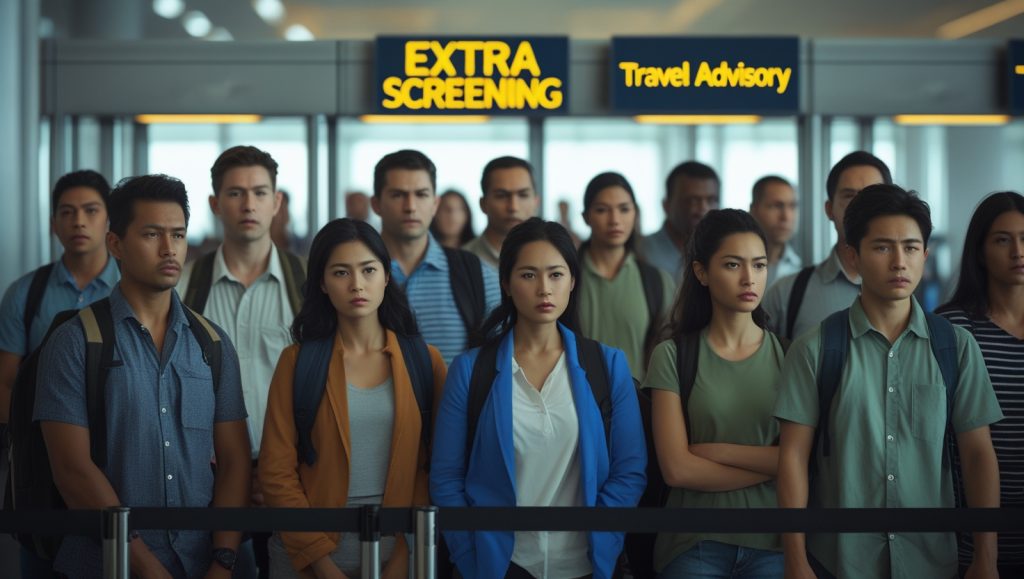 “A diverse group of international travelers standing in a tense atmosphere at a U.S. airport immigration checkpoint, with visible signs reading ‘Extra Screening’ and ‘Travel Advisory.’ Soft lighting, realistic style, focused on facial expressions and official signage.”