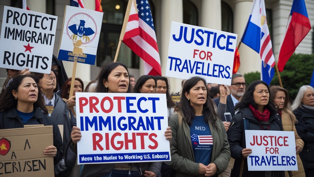 “A peaceful protest outside a U.S. embassy with people holding signs like ‘Protect Immigrant Rights’ and ‘Justice for Travelers.’ Flags from different countries visible, showing international concern. Photo-realistic style, daytime setting, emotional expressions.”